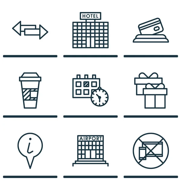 Set di 9 icone viaggianti. Può essere utilizzato per Web, Mobile, UI e design infografico. Include elementi come puntatore, regalo, take away e altro ancora . — Vettoriale Stock