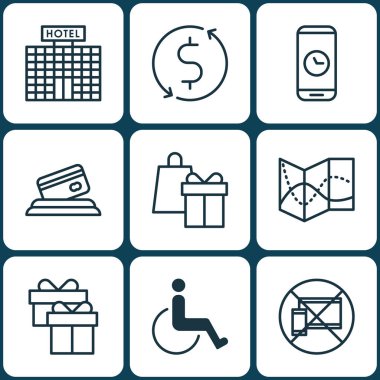 9 seyahat simgeler kümesi. Web, mobil, UI ve Infographic tasarımı için kullanılabilir. Kartı, aygıt, seyahat ve daha fazlası gibi unsurları içerir.