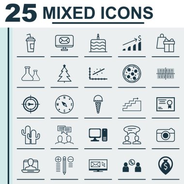 25 evrensel düzenlenebilir simgeler kümesi. Web, mobil ve App tasarım için kullanılabilir. Analytics, masaüstü bilgisayar, sertifika ve daha fazlası gibi unsurları içerir.