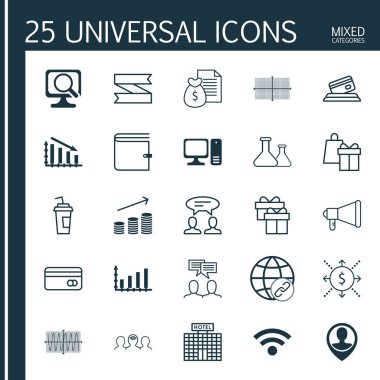 25 evrensel düzenlenebilir simgeler kümesi. Web, mobil ve App tasarım için kullanılabilir. Para, çalışan yeri, kare diyagramı ve daha fazlası gibi unsurları içerir.