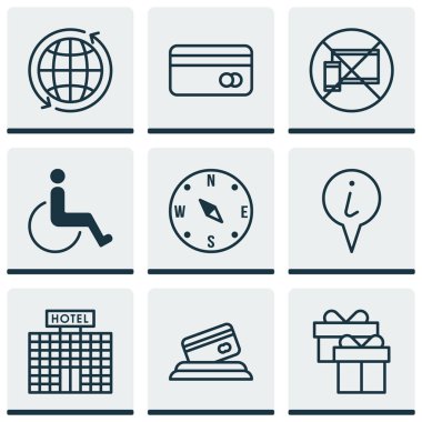 9 ulaşım simgeler kümesi. Web, mobil, UI ve Infographic tasarımı için kullanılabilir. Pusula, çevresinde, borç ve daha fazla gibi unsurları içerir.