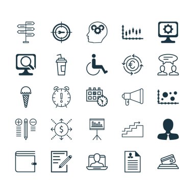 25 evrensel düzenlenebilir simgeler kümesi. Web, mobil ve App tasarım için kullanılabilir. Kredi kartı, beyin sürecinin, anahtar kelime Pazarlama ve daha fazlası gibi unsurları içerir.