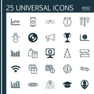 25 evrensel düzenlenebilir simgeler kümesi. Web, mobil ve App tasarım için kullanılabilir. Birlikte çalışma çözümü, mezuniyet, boş Cd ve daha fazlası gibi unsurları içerir.