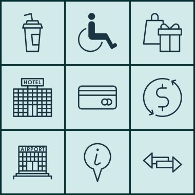 9 seyahat simgeler kümesi. Web, mobil, UI ve Infographic tasarımı için kullanılabilir. İşaretçi, borç, oklar ve daha fazlası gibi unsurları içerir.