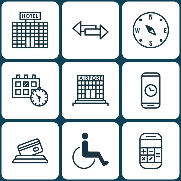 Conjunto de 9 Ícones do Aeroporto. Pode ser usado para Web, Mobile, UI e design infográfico. Inclui elementos como matemática, calendário, aeroporto e muito mais . — Vetor de Stock