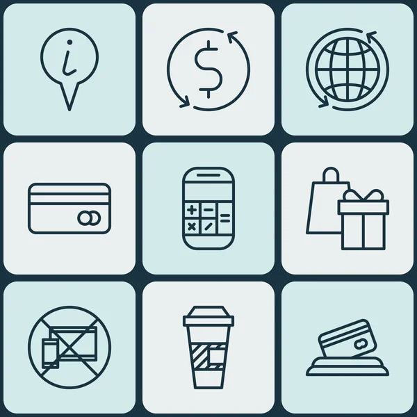 Conjunto de 9 Ícones de Viagem. Pode ser usado para Web, Mobile, UI e design infográfico. Inclui elementos como pagamento, compras, copo e muito mais . — Vetor de Stock