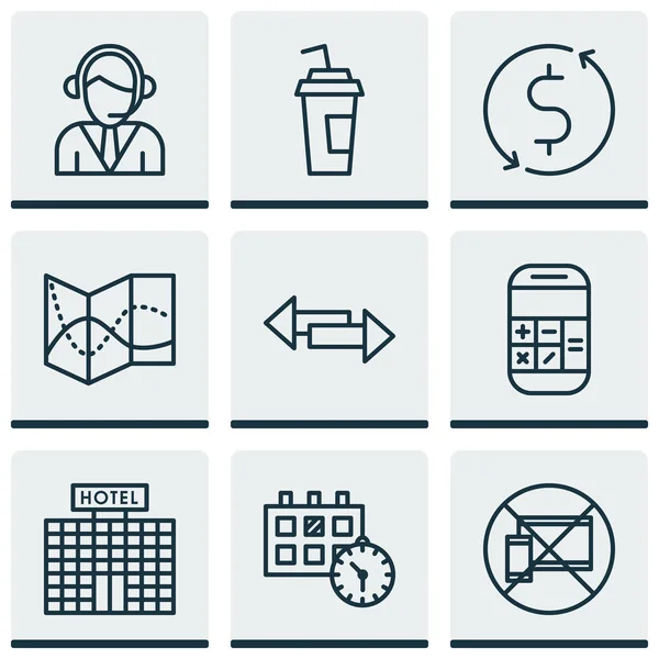 Set van 9 vervoer iconen. Kan worden gebruikt voor Web, mobiel, Ui en Infographic Design. Bevat elementen zoals agenda, datum, kantoor en meer. — Stockvector