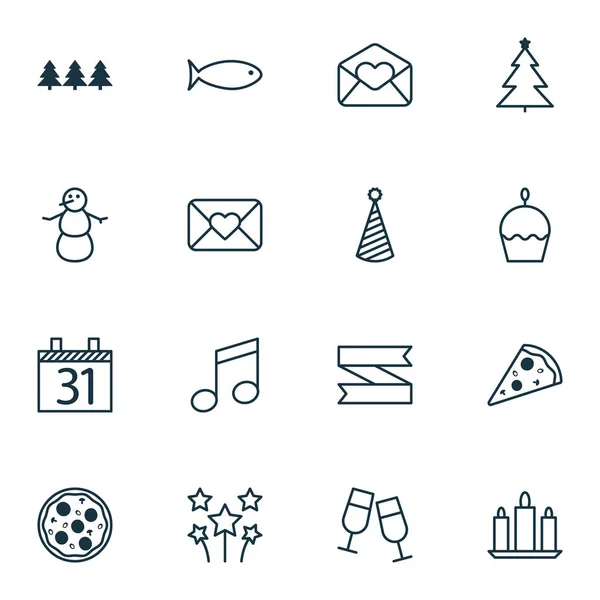 Conjunto de 16 ícones de férias. Pode ser usado para Web, Mobile, UI e design infográfico. Inclui elementos como fogo de artifício, branco, chama e muito mais . — Vetor de Stock