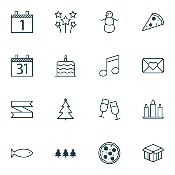 Set de 16 iconos navideños. Puede ser utilizado para el Web, móvil, interfaz de usuario y diseño infográfico. Incluye elementos tales como muñeco de nieve, pieza, horario y más . — Vector de stock