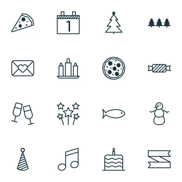 Set Of 16 New Year Icons. Can Be Used For Web, Mobile, UI And Infographic Design. Includes Elements Such As Note, Envelope, Close And More. — Stock Vector