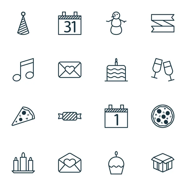 Conjunto de 16 iconos de Feliz Año Nuevo. Puede ser utilizado para el Web, móvil, interfaz de usuario y diseño infográfico. Incluye elementos tales como vela, agenda, llama y más . — Archivo Imágenes Vectoriales
