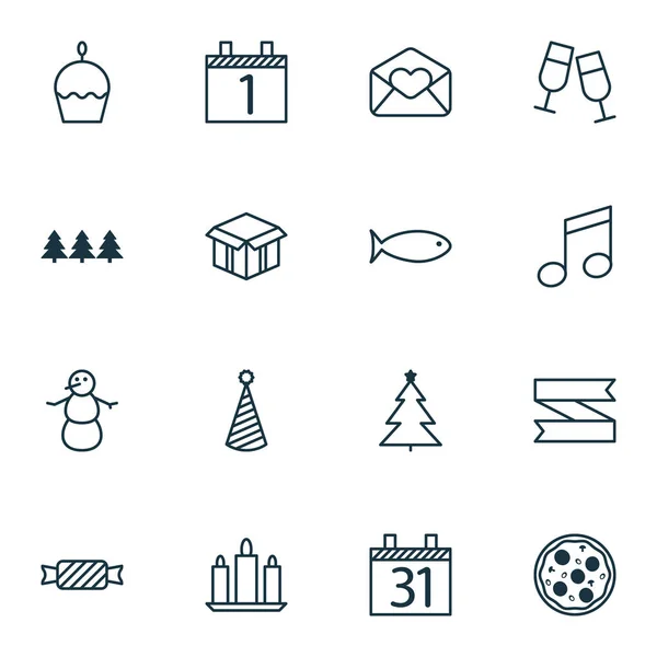Conjunto de 16 iconos de Feliz Año Nuevo. Puede ser utilizado para el Web, móvil, interfaz de usuario y diseño infográfico. Incluye elementos tales como horario, torta, en blanco y más . — Vector de stock