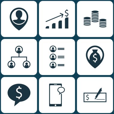 9 yönetim simgeler kümesi. Web, mobil, UI ve Infographic tasarımı için kullanılabilir. Telefon, Pin, para ve daha fazlası gibi unsurları içerir.