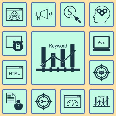 12 reklam simgeler kümesi. Web, mobil, UI ve Infographic tasarımı için kullanılabilir. Web sitesi ve daha fazla korumalı, anahtar kelime gibi öğeleri içerir.