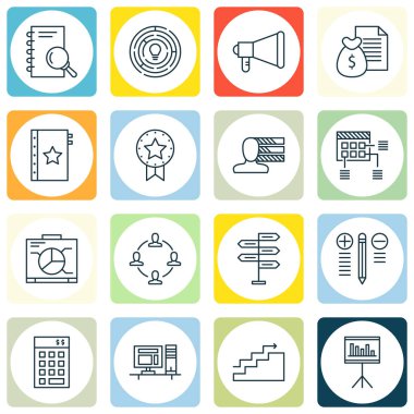 16 proje yönetimi simgeler kümesi. Web, mobil, UI ve Infographic tasarımı için kullanılabilir. Ödülü, Kişilik, para ve daha fazla gibi unsurları içerir.