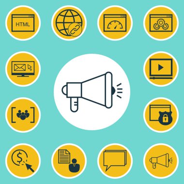 12 reklam simgeler kümesi. Web, mobil, UI ve Infographic tasarımı için kullanılabilir. Link, Video, Web ve daha fazlası gibi unsurları içerir.