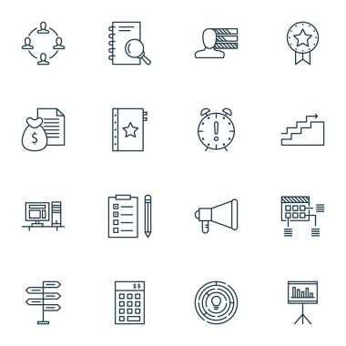 16 proje yönetimi simgeler kümesi. Web, mobil, UI ve Infographic tasarımı için kullanılabilir. Yapım, kişisel, program ve daha fazla gibi öğeleri içerir.
