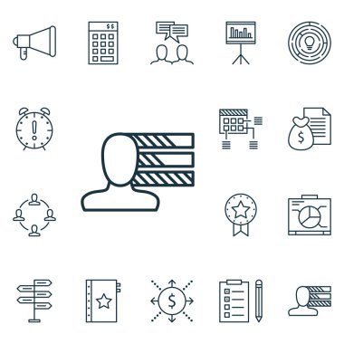 16 proje yönetimi simgeler kümesi. Web, mobil, UI ve Infographic tasarımı için kullanılabilir. Becerileri, görev ve zaman unsurları içerir.