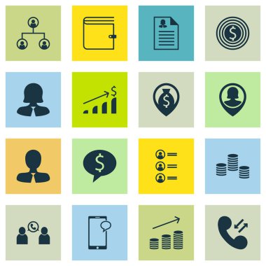 16 insan kaynakları simgeler kümesi. Web, mobil, UI ve Infographic tasarımı için kullanılabilir. Nakit, erkek, m-cüzdan ve daha fazlası gibi unsurları içerir.