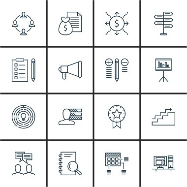 16 proje yönetimi simgeler kümesi. Web, mobil, UI ve Infographic tasarımı için kullanılabilir. Promosyon, çalışma alanı, bilgisayar ve daha fazlası gibi unsurları içerir.