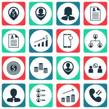 16 insan kaynakları simgeler kümesi. Web, mobil, UI ve Infographic tasarımı için kullanılabilir. Çağrı, başarı, hareket eden ve daha fazlası gibi unsurları içerir.
