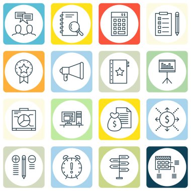 16 proje yönetimi simgeler kümesi. Web, mobil, UI ve Infographic tasarımı için kullanılabilir. Gelir, proje, tanıtımı ve daha fazlası gibi unsurları içerir.