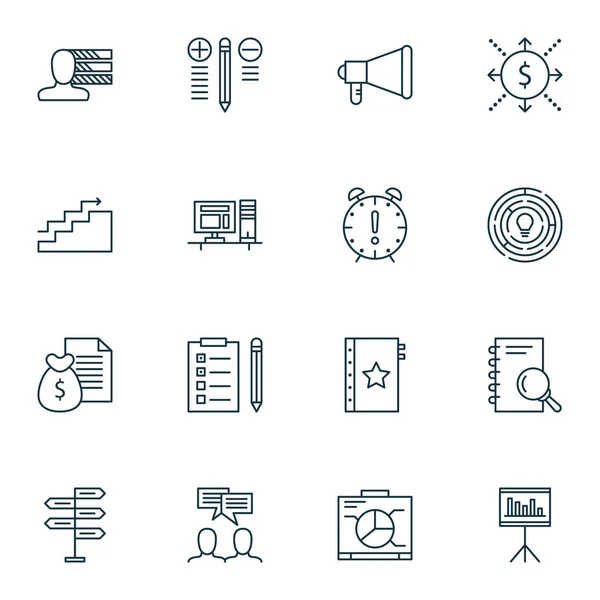 Conjunto de 16 iconos de gestión de proyectos. Puede ser utilizado para el Web, móvil, interfaz de usuario y diseño infográfico. Incluye elementos tales como calidad, gestión, estadística y más . — Vector de stock