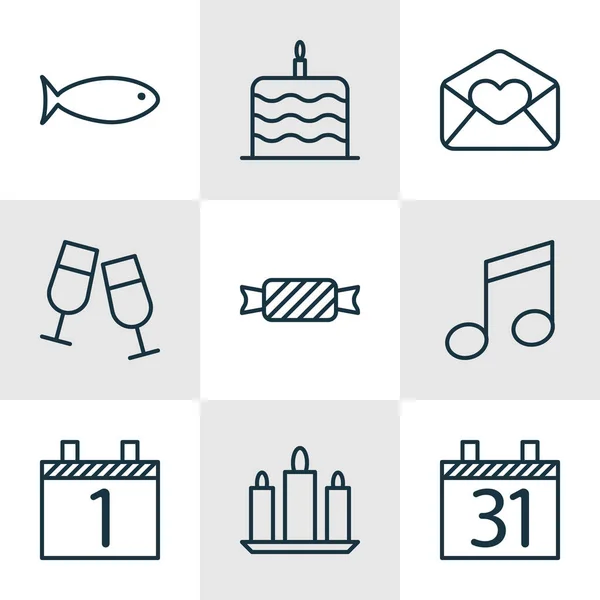 Set di 9 icone di felice anno nuovo. Può essere utilizzato per Web, Mobile, UI e design infografico. Include elementi come pesci, acquatico, Clink e altro ancora . — Vettoriale Stock