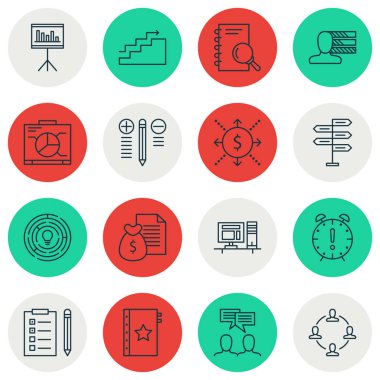 16 proje yönetimi simgeler kümesi. Web, mobil, UI ve Infographic tasarımı için kullanılabilir. Takım, listesi, görev ve daha fazlası gibi unsurları içerir.