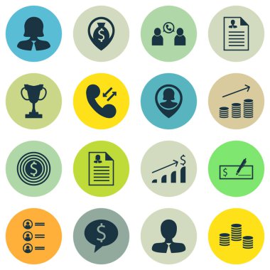 16 saat simgeler kümesi. Web, mobil, UI ve Infographic tasarımı için kullanılabilir. Adaylar, konferans, para ve daha fazlası gibi unsurları içerir.