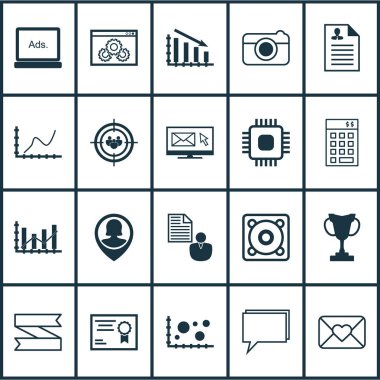 20 evrensel düzenlenebilir simgeler kümesi. Web, mobil ve App tasarım için kullanılabilir. Kutlama mektubu, PIN çalışan, odak grup ve daha fazlası gibi unsurları içerir.