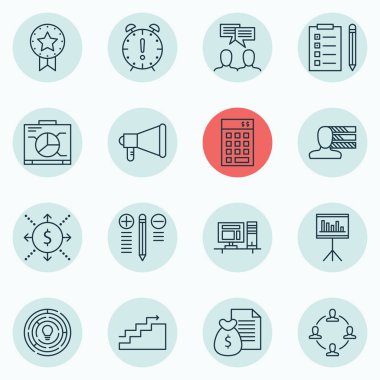 16 proje yönetimi simgeler kümesi. Web, mobil, UI ve Infographic tasarımı için kullanılabilir. Sağ, Office, çalışma alanı ve daha fazlası gibi unsurları içerir.