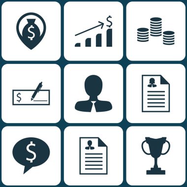 9 yönetim simgeler kümesi. Web, mobil, UI ve Infographic tasarımı için kullanılabilir. Kupası, erkek, sikke ve daha fazlası gibi unsurları içerir.