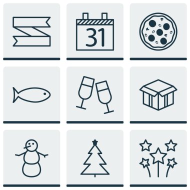 9 sene simgeler kümesi. Web, mobil, UI ve Infographic tasarımı için kullanılabilir. Boş, açık, Balık ve daha fazla gibi unsurları içerir.