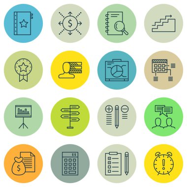16 proje yönetimi simgeler kümesi. Web, mobil, UI ve Infographic tasarımı için kullanılabilir. Takım, proje, tanıtımı ve daha fazlası gibi unsurları içerir.