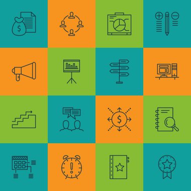 16 proje yönetimi simgeler kümesi. Web, mobil, UI ve Infographic tasarımı için kullanılabilir. Hedef, takım, çalışma alanı ve daha fazlası gibi unsurları içerir.