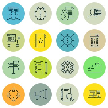 16 proje yönetimi simgeler kümesi. Web, mobil, UI ve Infographic tasarımı için kullanılabilir. Becerileri, kişisel, Plan ve daha fazlası gibi unsurları içerir.
