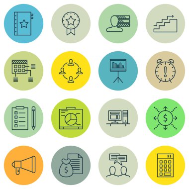 16 proje yönetimi simgeler kümesi. Web, mobil, UI ve Infographic tasarımı için kullanılabilir. Tartışma, çalışma alanı, liste ve daha fazla gibi unsurları içerir.