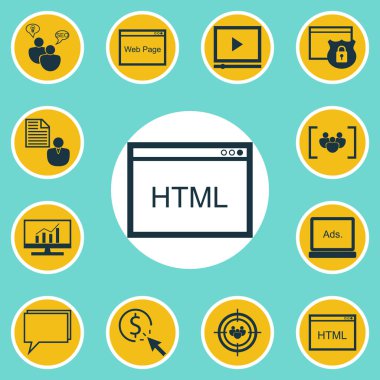 12 pazarlama simgeler kümesi. Web, mobil, UI ve Infographic tasarımı için kullanılabilir. Kapsamlı, hedef, kısa ve daha fazlası gibi unsurları içerir.