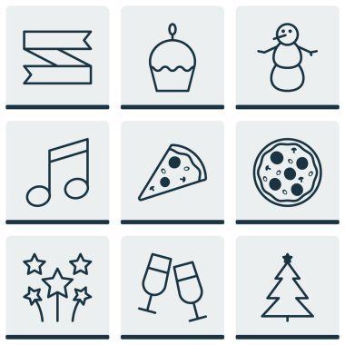 9 yeni yıl simgeler kümesi. Web, mobil, UI ve Infographic tasarımı için kullanılabilir. Parça, ağaç, afiş ve daha fazlası gibi unsurları içerir.