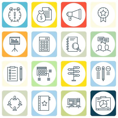 16 proje yönetimi simgeler kümesi. Web, mobil, UI ve Infographic tasarımı için kullanılabilir. Ödülü, kalite, çalışma alanı ve daha fazlası gibi unsurları içerir.