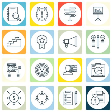 16 proje yönetimi simgeler kümesi. Web, mobil, UI ve Infographic tasarımı için kullanılabilir. Tanıtımı, araştırma, çözüm ve daha fazlası gibi unsurları içerir.