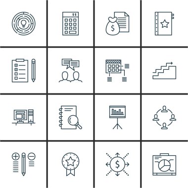 16 proje yönetimi simgeler kümesi. Web, mobil, UI ve Infographic tasarımı için kullanılabilir. Bilgisayar, beyin fırtınası, para ve daha fazlası gibi unsurları içerir.