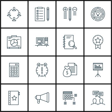 16 proje yönetimi simgeler kümesi. Web, mobil, UI ve Infographic tasarımı için kullanılabilir. Promosyon, tarihi, proje ve daha fazlası gibi unsurları içerir.