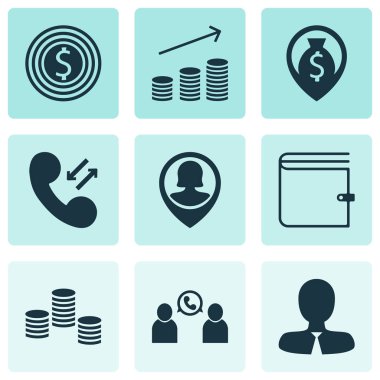 9 yönetim simgeler kümesi. Web, mobil, UI ve Infographic tasarımı için kullanılabilir. Yığılmış gibi m-cüzdan, konferans ve diğer öğeleri içerir.