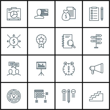 16 proje yönetimi simgeler kümesi. Web, mobil, UI ve Infographic tasarımı için kullanılabilir. Takım, araştırma, beyin fırtınası ve daha fazlası gibi unsurları içerir.