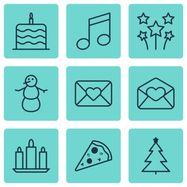 9 tatil simgeler kümesi. Web, mobil, UI ve Infographic tasarımı için kullanılabilir. Mum, Pizza, doğum günü ve daha fazlası gibi unsurları içerir.