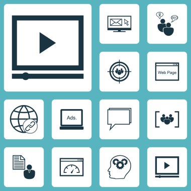 12 pazarlama simgeler kümesi. Web, mobil, UI ve Infographic tasarımı için kullanılabilir. Odak, görüntüleme ve dijital unsurları içerir.