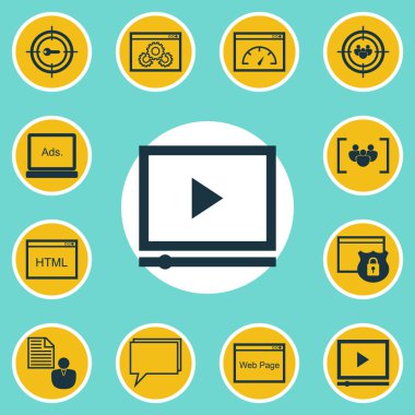12 reklam simgeler kümesi. Web, mobil, UI ve Infographic tasarımı için kullanılabilir. Danışmanlık, odak, hız ve daha fazlası gibi öğeleri içerir.