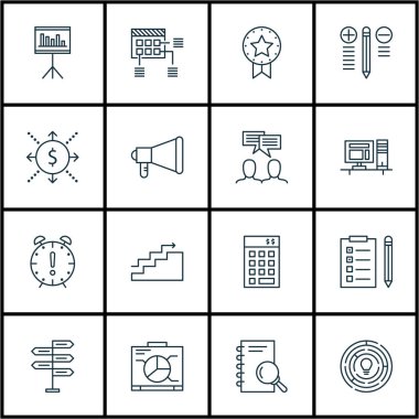 16 proje yönetimi simgeler kümesi. Web, mobil, UI ve Infographic tasarımı için kullanılabilir. Tartışma, zaman, çözüm ve daha fazlası gibi unsurları içerir.